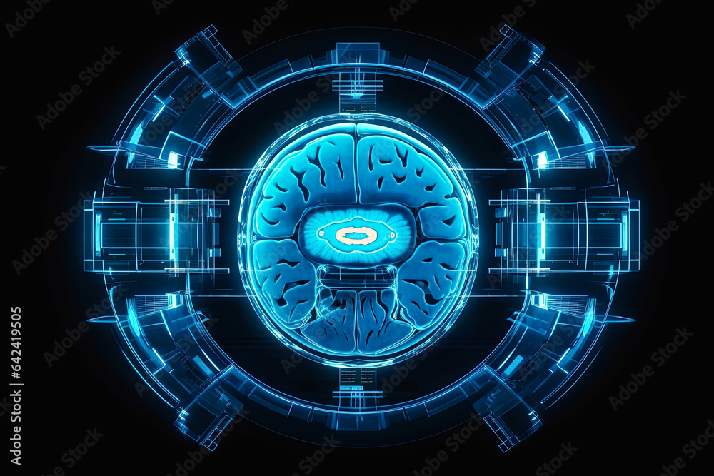 MRI brain scan with dangerous point of artificial intelligent in blue and black MRI brain scan with dangerous point of artificial intelligent in blue and black