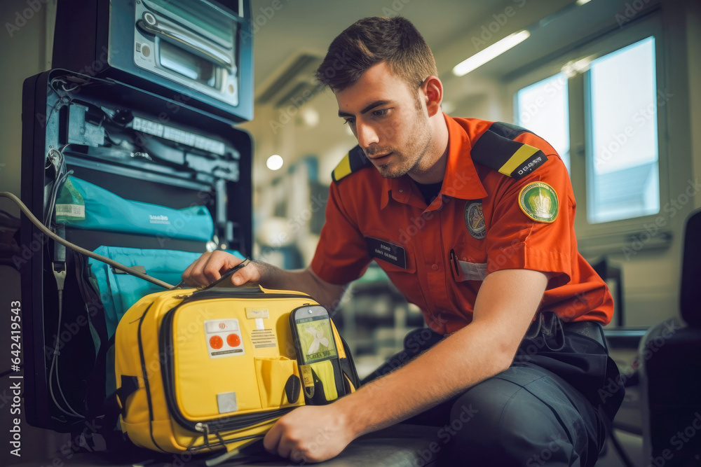 Young handsome paramedic checking a defibrillator, medical first responder at work - obrazy, fototapety, plakaty 