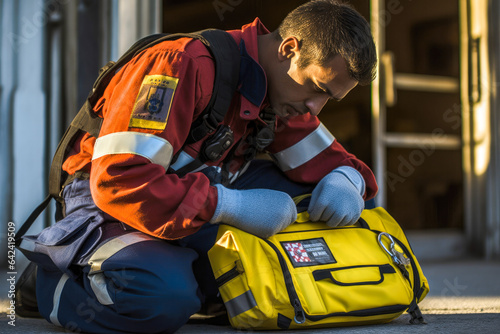 Young handsome paramedic checking a defibrillator, medical first responder at work