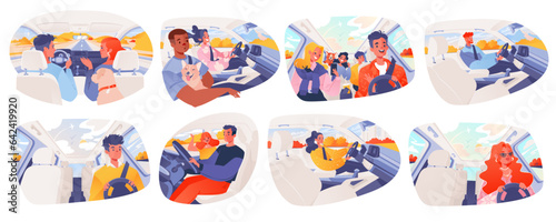 Set people traveling on highways and country roads by car. Couples, drivers and friends driving and smiling at each other, laughing together while traveling.  Interior of an automobile, cars inside.