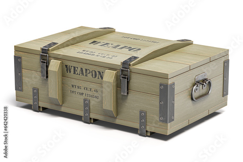 Military wooden crates with weapon and army ammunition isolated on white. photo