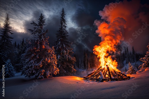 bonfire in the night winter forest