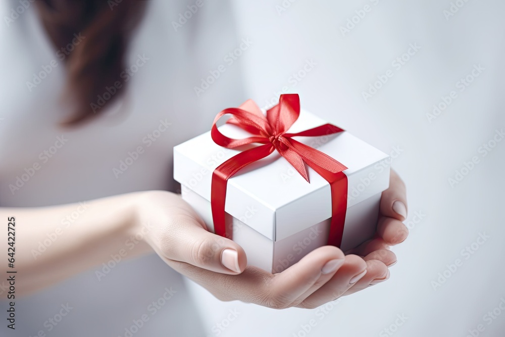 Close-up of a woman's hand holding a beautifully wrapped gift box with a red ribbon, perfect for Christmas, birthdays or romantic celebrations. Close-up of a woman's hand holding a beautifully wrapped gift box with a red ribbon, perfect for Christmas, birthdays or romantic celebrations.