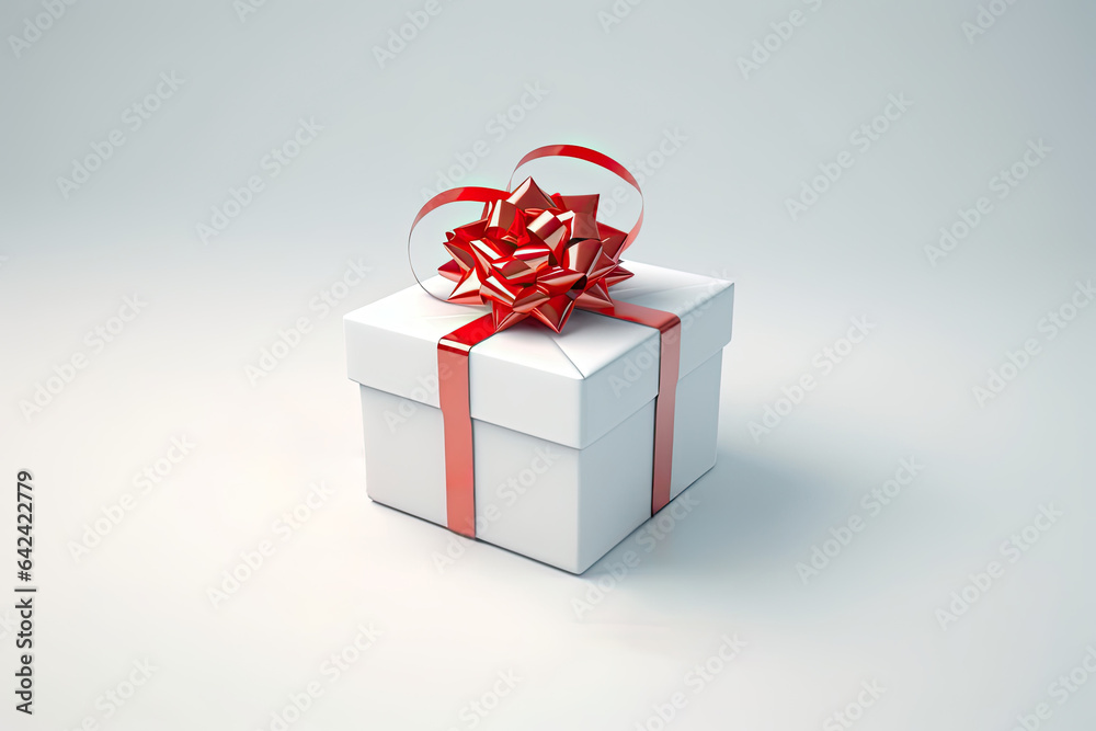 A festive white gift box with a decorative red bow on a pure white background is ready for your special wish or message.