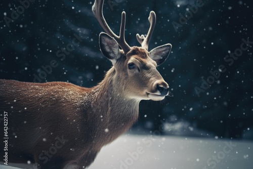 A majestic deer stands in a snowy forest, its horned beauty is a testament to the wild winter landscape.