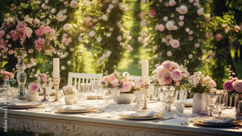 Nakrycie stołów weselnych w ogrodzie - dekoracja bukietami różowych róż i świecami. Inspiracja, aranżacja dekoratorki i florystki