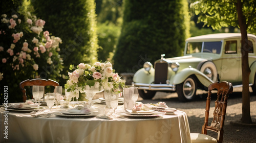 Stolik weselny nakryty i bogato udekorowany kwiatami w ogrodzie i zaparkowany zabytkowy samochód weselny dla pary młodej