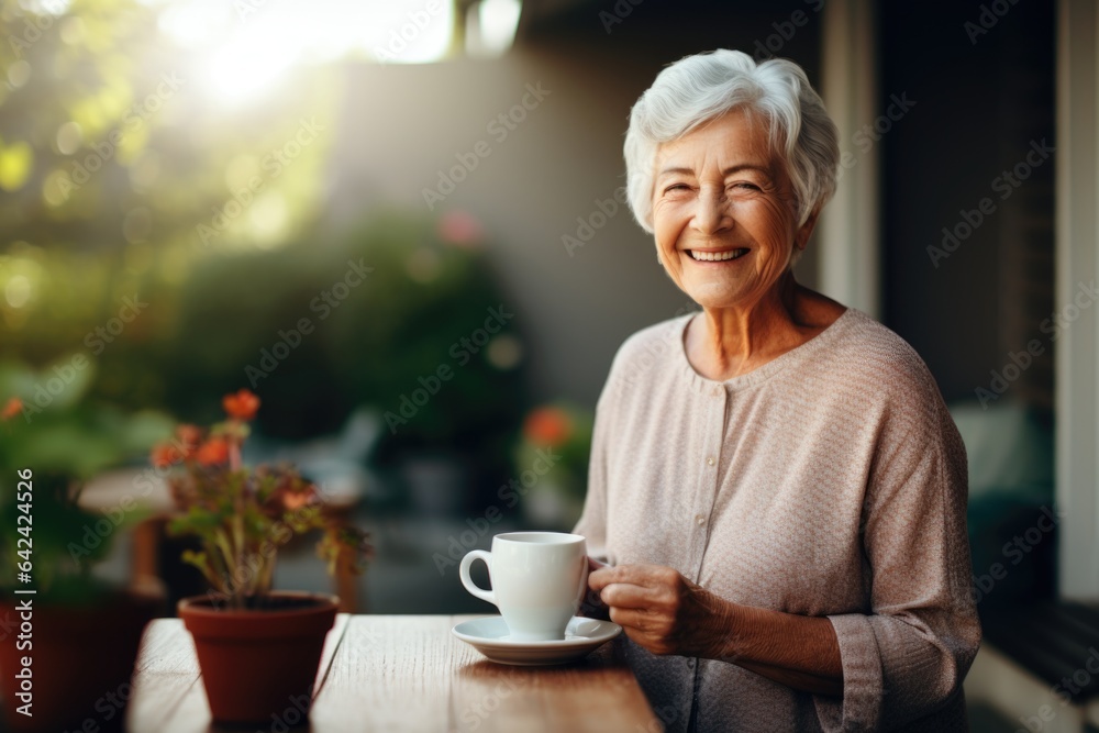 old woman with silver hair, trendy short haircut, wearing trendy clothes, drinking coffee or tea on backyard, terrace or cafe. old woman with silver hair, trendy short haircut, wearing trendy clothes, drinking coffee or tea on backyard, terrace or cafe.