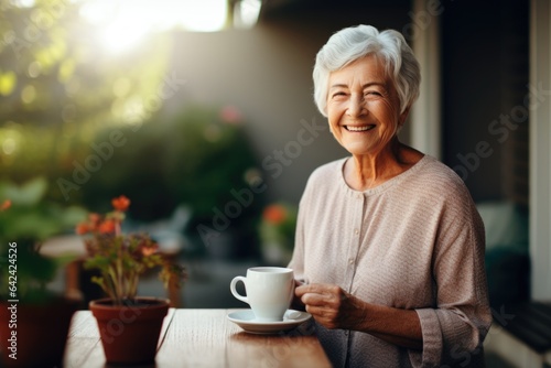 old woman with silver hair, trendy short haircut, wearing trendy clothes, drinking coffee or tea on backyard, terrace or cafe.