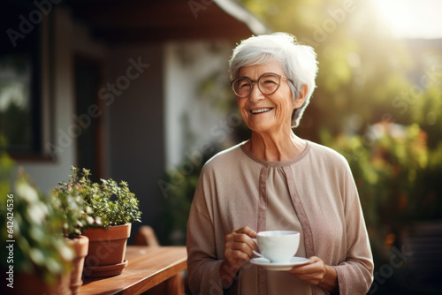old woman in glasses with silver hair drinking coffee or tea on backyard, terrace or cafe.