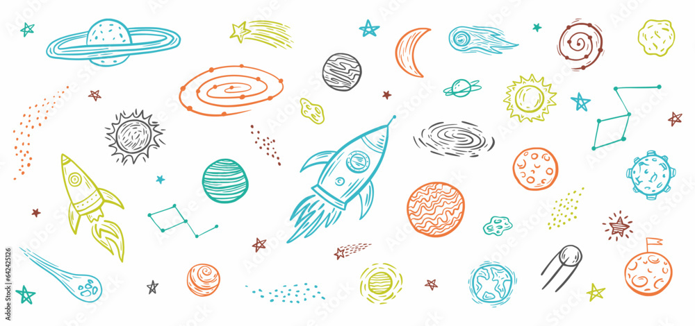 Vector set of space objects and symbols drawn by hand in the style of doodles