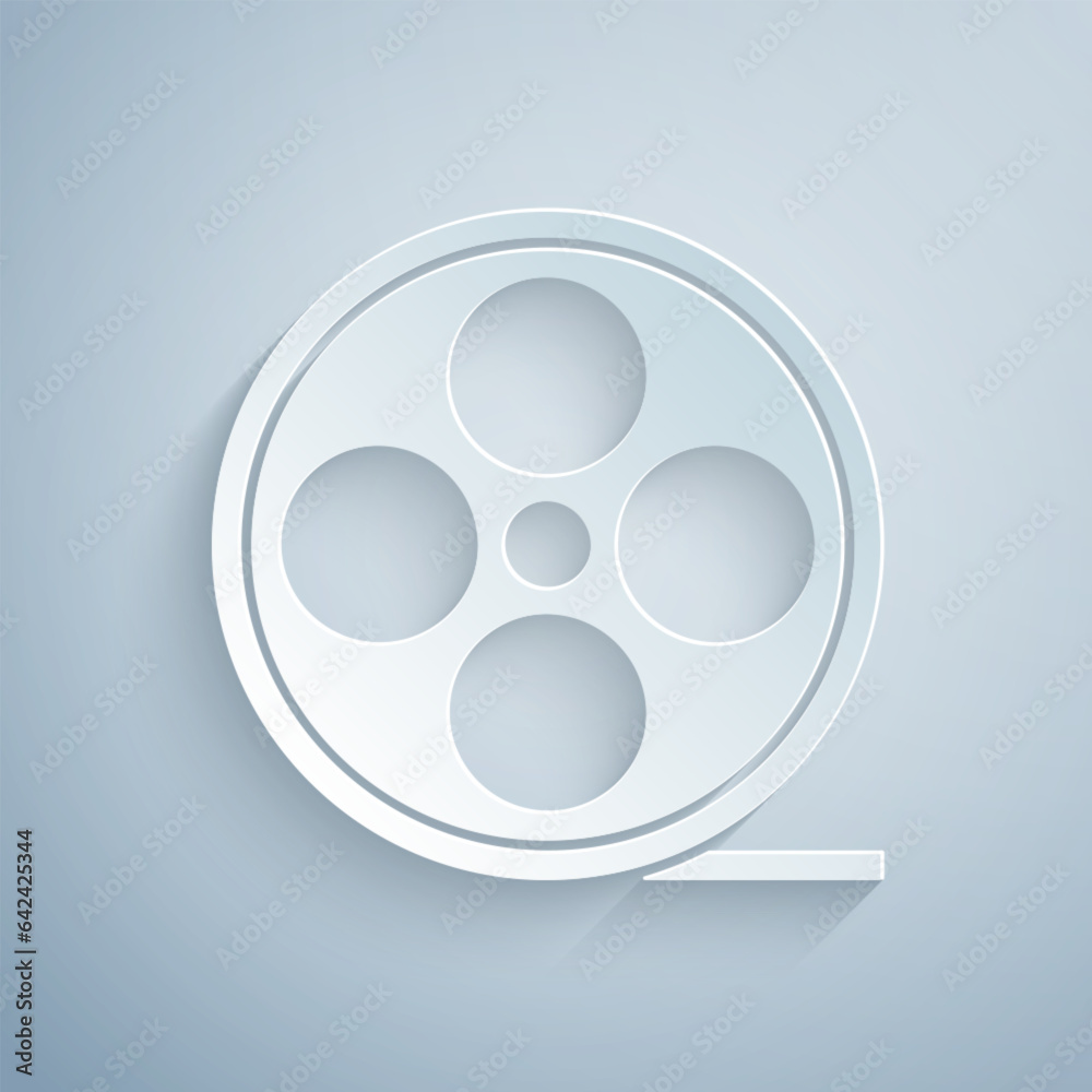 Paper cut Film reel icon isolated on grey background. Paper art style. Vector