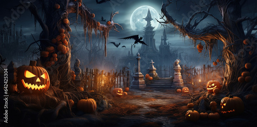 background skeletons and pumpkins decorate a cemetery