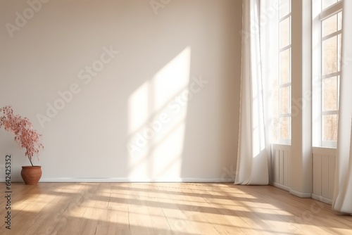 white empty room with wooden floor and sun light cast shadow on the wall. generative ai.