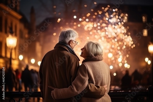 Happy elderly gray haired couple in love smiling and hugging on a street with many lights.