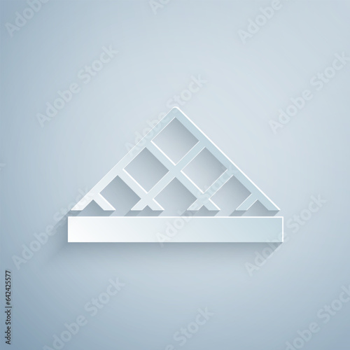 Paper cut Louvre glass pyramid icon isolated on grey background. Louvre museum. Paper art style. Vector