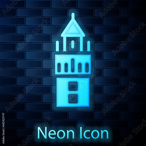 Glowing neon Giralda in Seville Spain icon isolated on brick wall background. Vector