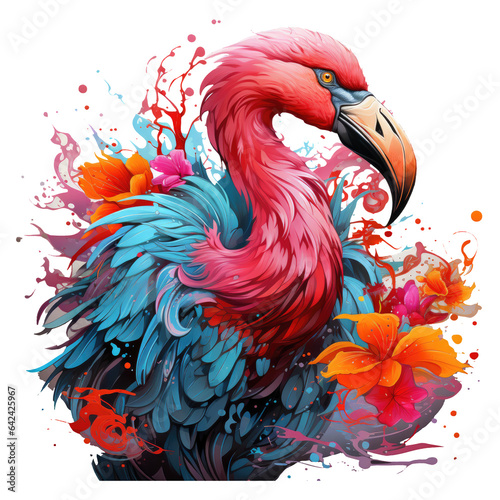 A dynamic flamingo t-shirt design inspired by the spirit of dance, featuring a stylized flamingo in a lively salsa dance, amidst vibrant colors, Generative Ai