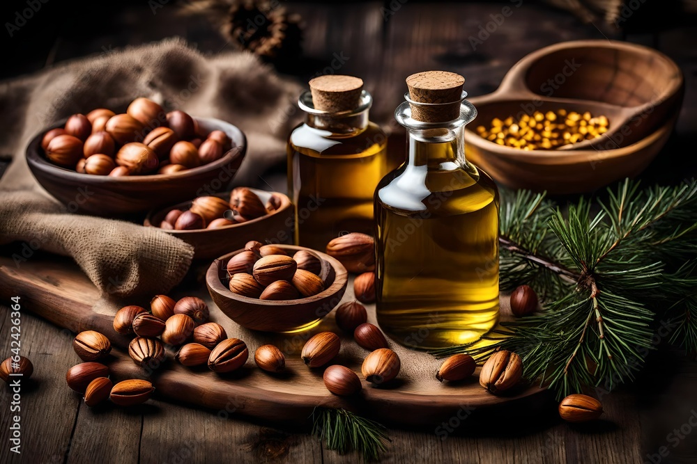 Natural Elegance: Fresh Cedar Nut Oil on a Rustic Background
