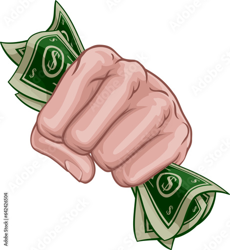 A hand in a fist squeezing cash money dollar bills. In a comic book pop art cartoon illustration style