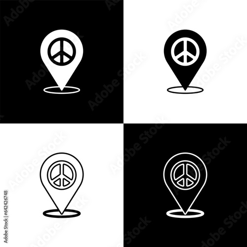 Set Location peace icon isolated on black and white background. Hippie symbol of peace. Vector
