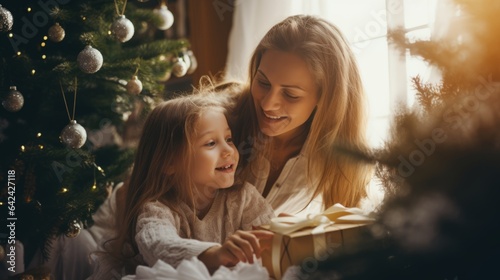 Merry Christmas and Happy Holidays! Mom and daughter decorate the Christmas tree indoors. Morning before Christmas. Portrait of a loving family nearby