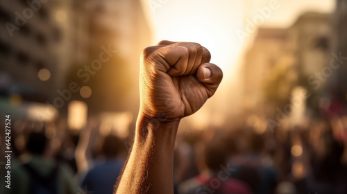 Raised fist of a protester at a political demonstration