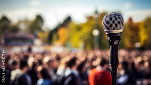 Protest. Public demonstration. Microphone in focus against blurred audience © Aliaksandr Siamko
