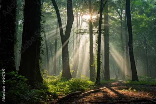 Luminous Forest: Sun Rays Piercing Through Canopy