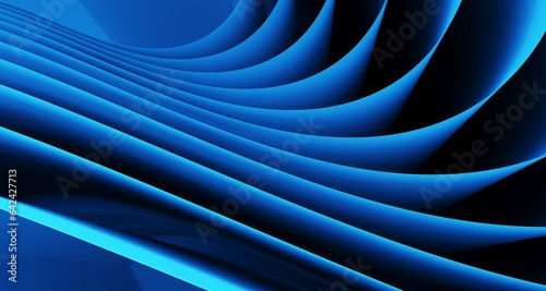 Blue abstract background with smoothly curving three-dimensional stripes, 3d render