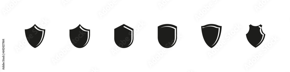 Shield damaged vector icon set. Medieval protection symbol collection. Defense flat black icons. Shield damaged vector icon set. Medieval protection symbol collection. Defense flat black icons.