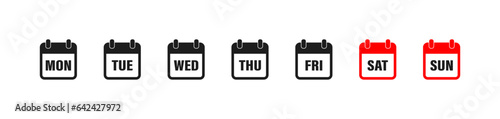 Days of the week, calendar set icons. Vector isolated icon.