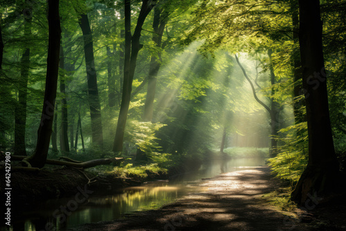 Luminous Forest  Sun Rays Piercing Through Canopy