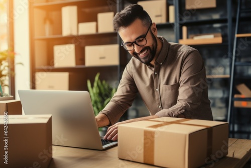 Smiling man in glasses unpacks the expected parcel, looks inside, sits at the desktop, a satisfied happy customer opens a cardboard box with an order in the online store, good delivery