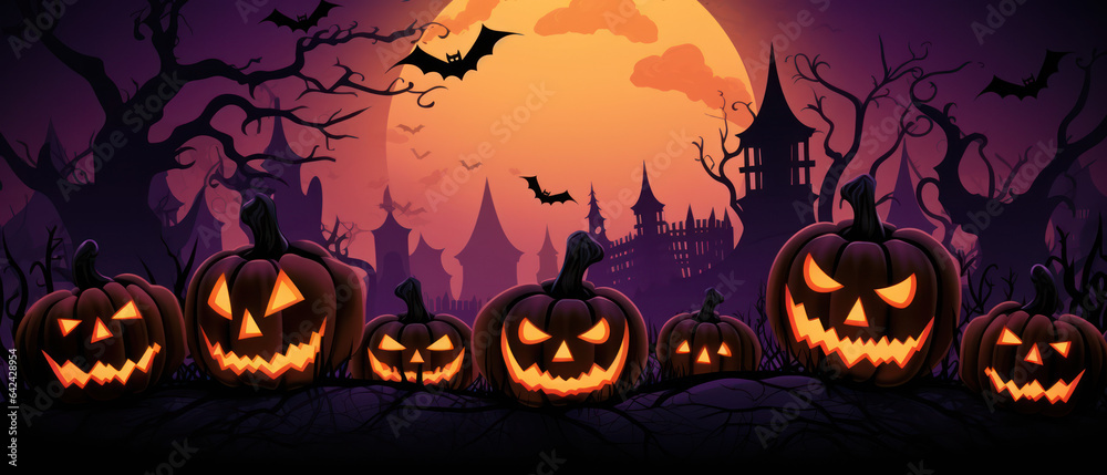 Happy Halloween Banner with Pumpkins and Bats - Vector Illustration
