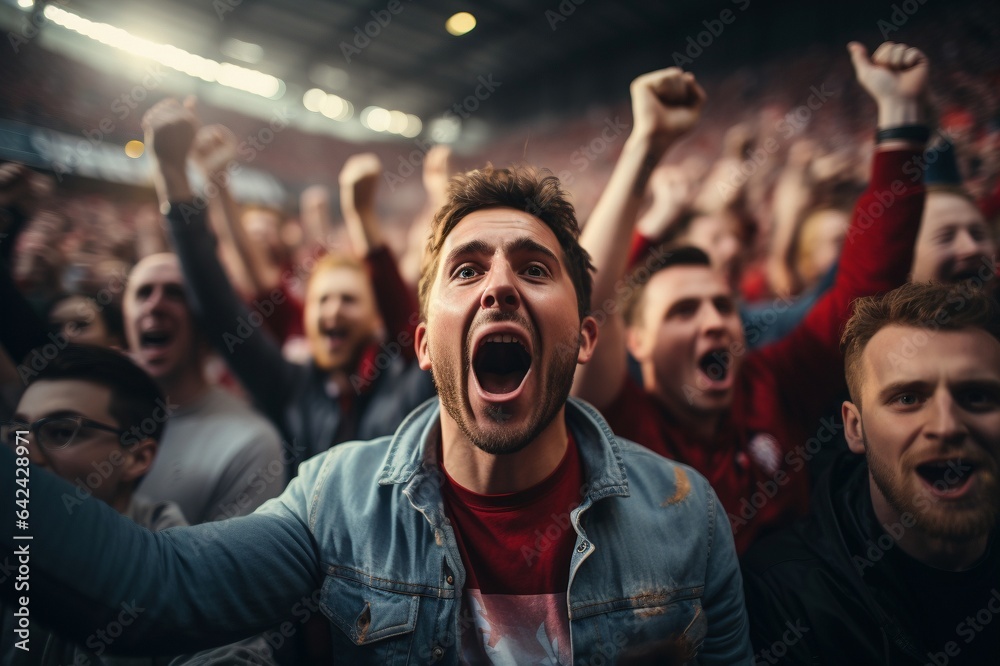 Fußball Fans feiern ihre Mannschaft bei der Europameisterschaft, Weltmeisterschaft im Stadion, Feuerwerk und jubelnde Zuschaue Fußball Fans feiern ihre Mannschaft bei der Europameisterschaft, Weltmeisterschaft im Stadion, Feuerwerk und jubelnde Zuschaue