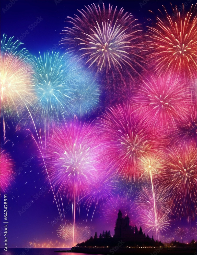 Fototapeta premium Colorful fireworks display background with copy space for your text