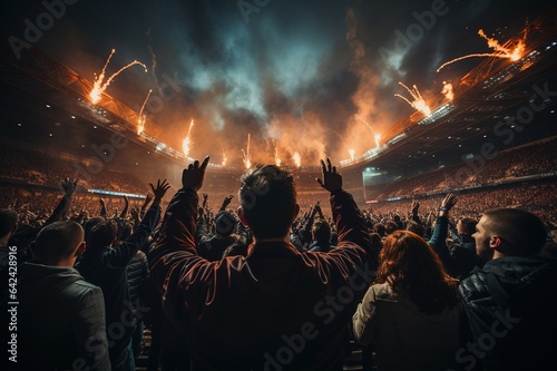 Fußball Fans feiern ihre Mannschaft bei der Europameisterschaft, Weltmeisterschaft im Stadion, Feuerwerk und jubelnde Zuschaue © pixel78 Design