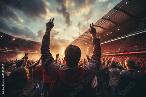 Fußball Fans feiern ihre Mannschaft bei der Europameisterschaft, Weltmeisterschaft im Stadion, Feuerwerk und jubelnde Zuschaue photo