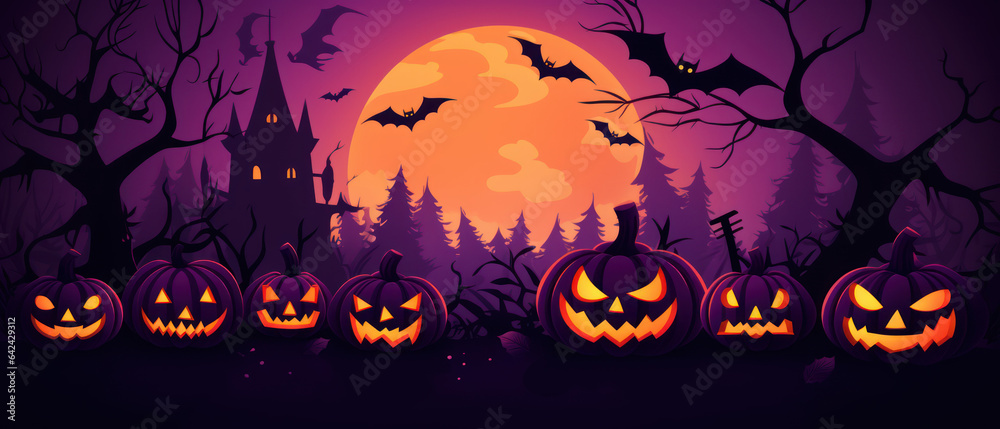 Happy Halloween Banner with Pumpkins and Bats - Vector Illustration
