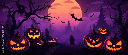 Happy Halloween Banner with Pumpkins and Bats - Vector Illustration 