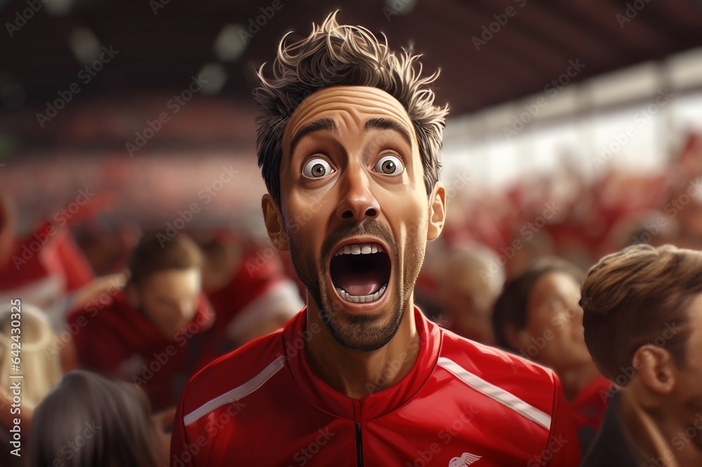 Fußball Fan schaut überwältigt und jubelnd, Europameisterschaft, Weltmeisterschaft, Karikatur Fußball Fan schaut überwältigt und jubelnd, Europameisterschaft, Weltmeisterschaft, Karikatur