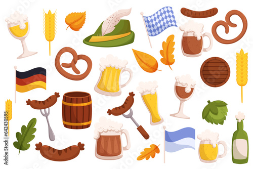 Beer festival elements collection. Set of German traditional fest objects - beer glass mug, grilled sausages, pretzel, flags in traditional colors, Tyrolean hat with feather.
