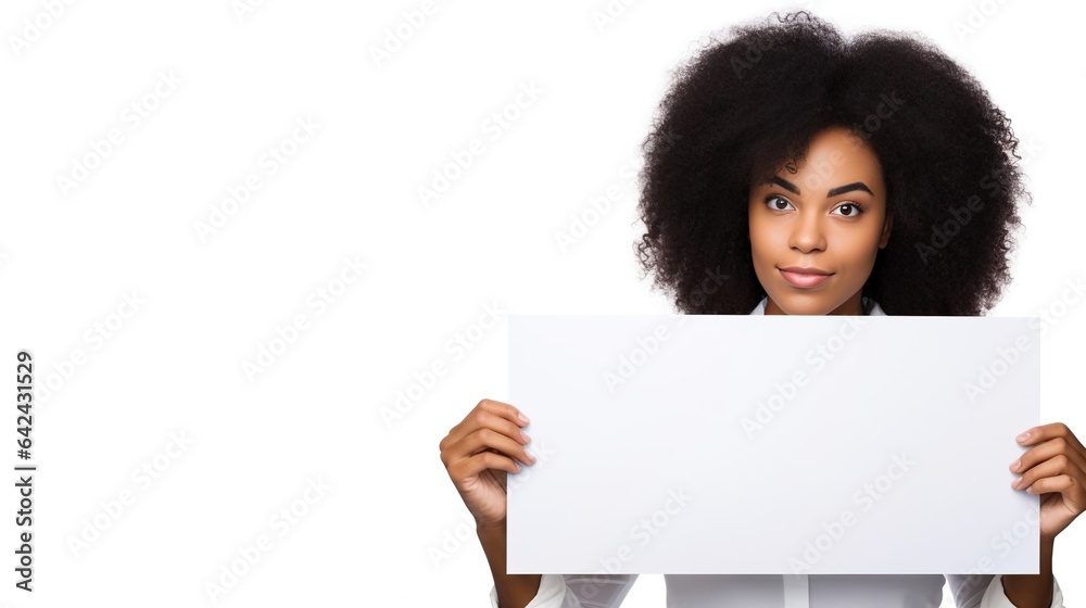 A beautiful black woman holding blank poster, an empty space for adding text, isolated on white background. Created with Generative Ai technology. A beautiful black woman holding blank poster, an empty space for adding text, isolated on white background. Created with Generative Ai technology.