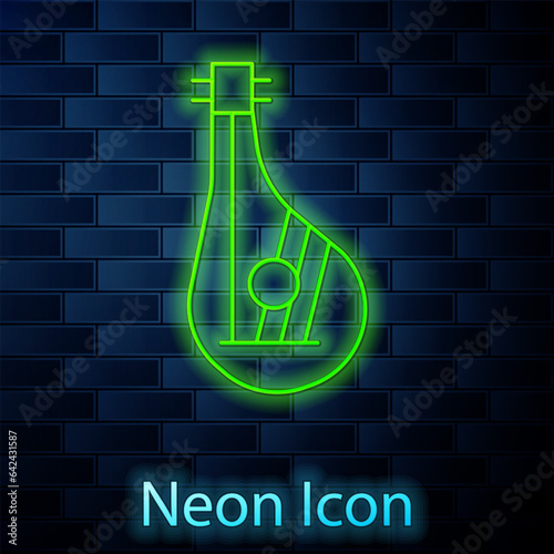 Glowing neon line Ukrainian traditional musical instrument bandura icon isolated on brick wall background. Vector
