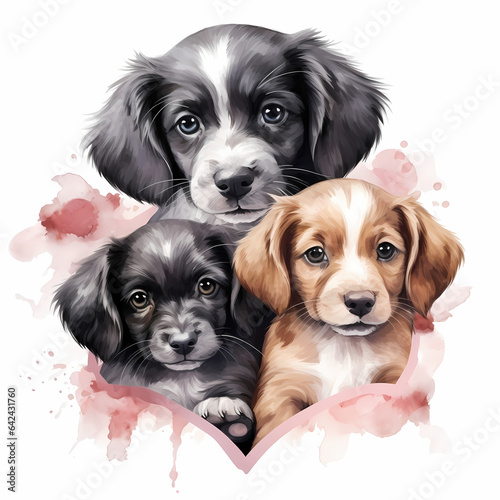 Puppies in heart shape, watercolor illustration. © 3dillustrations