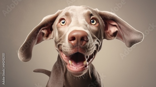 Close up joyful portrait of funny face of Weimaraner dog with opened mouth. Brown background with copy space