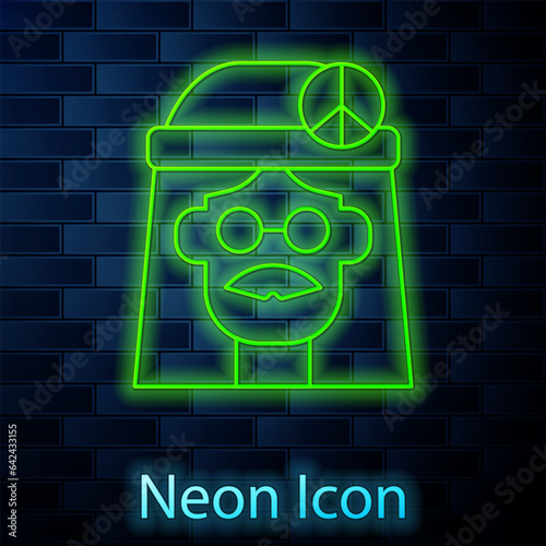 Glowing neon line Hippie girl icon isolated on brick wall background. Peace and love sign. Symbol pacificism freedom and love. Vector