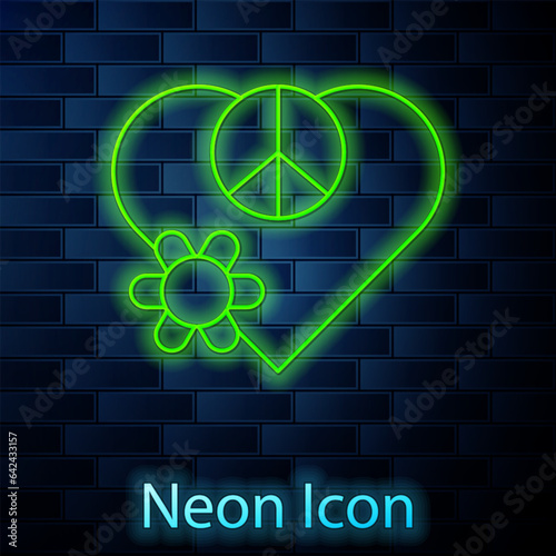 Glowing neon line Love peace icon isolated on brick wall background. Hippie symbol of peace. Vector