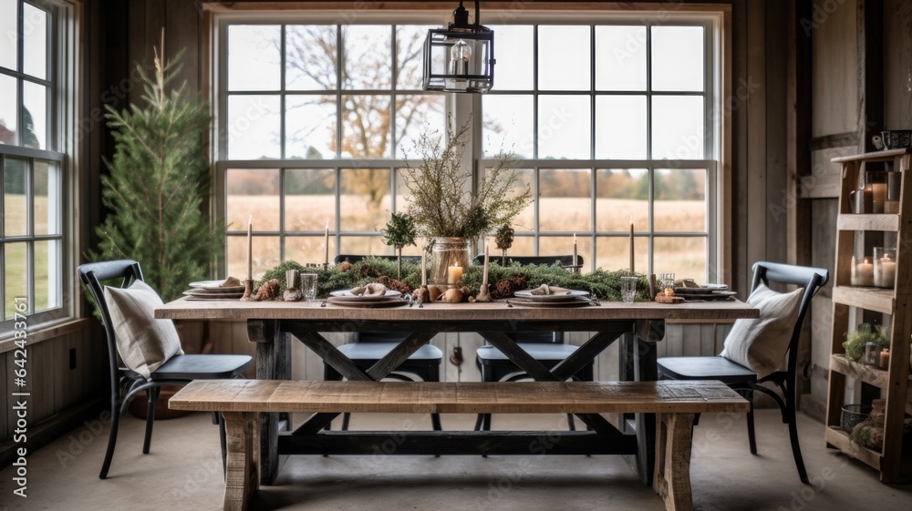 Interior design inspiration of Rustic Farmhouse style home dining room loveliness decorated with Wood and Metal material and Barn Doors .Generative AI home interior design .